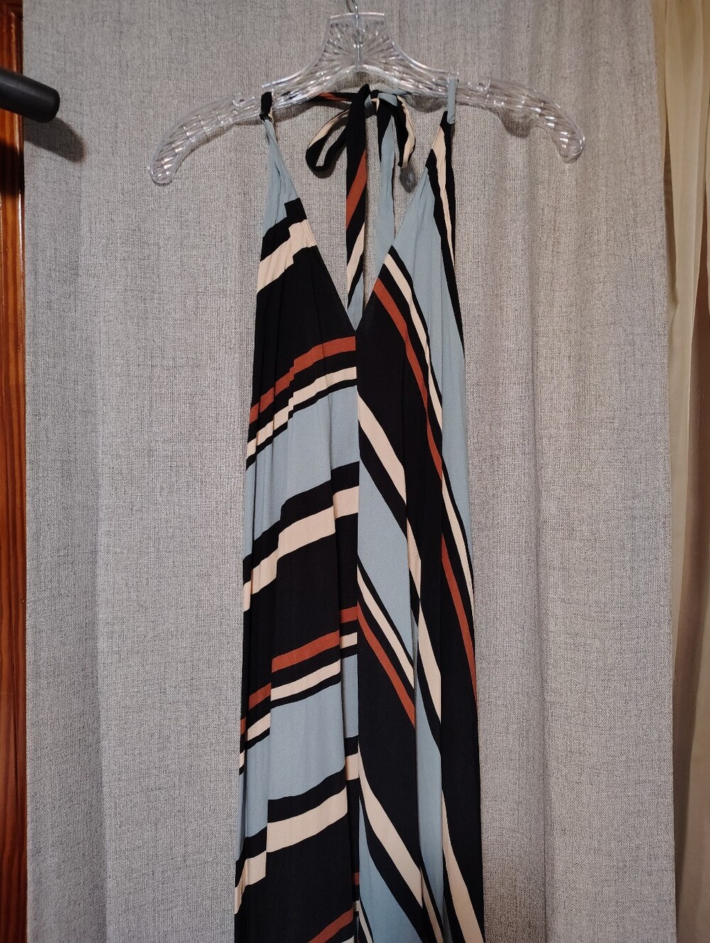 Striped Halter Maxi Dress in Light Blue, Black & Cream